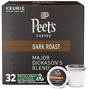 32-Count Peet's Coffee Keurig K-Cup Pods (Major Dickason's Blend, Dark Roast) $10.70 w/ Subscribe & Save