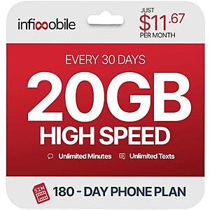 6-Month Infimobile Prepaid Unlimited Talk/Text/20GB 5G/4G Data Plan Sim Card $56 + Free Shipping