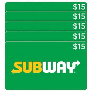 Costco Members: 5-Pack $15 Subway Restaurant eGift Cards ($75 Value) $55 