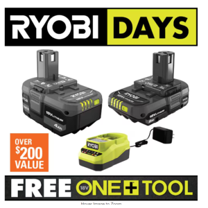 RYOBI ONE+ 18V Li-Ion 2.0 Ah Battery + 4.0 Ah Battery w/ Charger + Bonus Tool $99 + Free Shipping