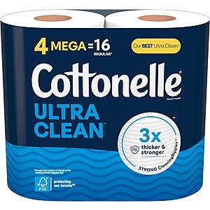 4-Pack Cottonelle 1-Ply Toilet Paper Mega Rolls (Ultra Clean) $4 w/ Subscribe & Save