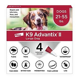 4-Pk K9 Advantix II Dog (21 - 55 lbs) Flea, Tick & Mosquito Treatment & Prevention $30.85 w/ Subscribe & Save