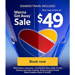 Southwest Airlines One-Way Wanna Get Away Airfares to Select Cities from $49 (Travel May 7-Nov 20, 2024)