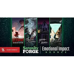 Collection of 18 indie PC game titles in the Serenity Forge Emotional Impact Bundle, displayed as cover art grid on Humble Bundle platform.