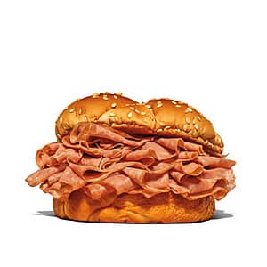 Arby's roast beef sandwich with mozzarella sticks on a plate.