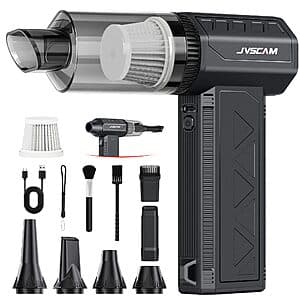JVSCAM F30MAX cordless rechargeable air duster and vacuum device with attachment nozzles.