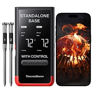 ThermoMaven P2 wireless meat thermometer with smart display base showing real-time temperature readings and Bluetooth connectivity indicator.