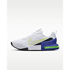 Nike Men's Air Max Alpha Trainer 6 in white with Persian violet, obsidian, and light lemon twist accents.