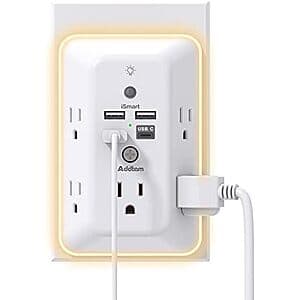 5-Outlet Addtam Surge Protector Outlet Extender w/ Night Light & 4 USB Ports $9