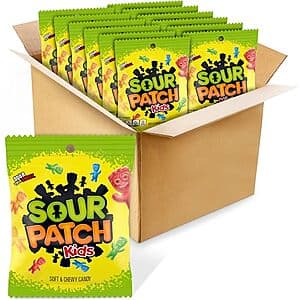 Box of Sour Patch Kids Original soft and chewy candy, 12-pack containing 3.6 oz portions.