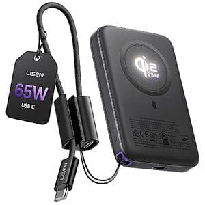 LISEN 10000mAh Qi2.2 25W Magnetic Wireless Power Bank for iPhone (Black) $40 + Free S&H