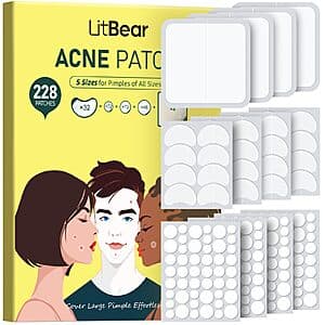 LitBear 228-count hydrocolloid acne patch variety pack with 5 different sizes including XL, suitable for treating acne on face and body.