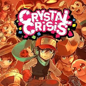 Crystal Crisis game featuring colorful falling crystals and fantasy hero characters in combat.