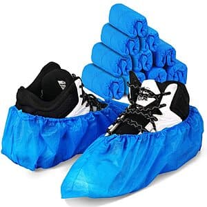 100-pack of blue disposable shoe covers in retail packaging.