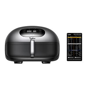 Typhur Dome 2 5.6-quart air fryer with dual heating chamber and included Preset Guide Magnet showing cooking settings.