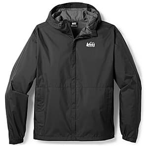 REI Co-op Men's Trailmade Rain Jacket in black, navy, or olive-green colorways displayed flat or on model.