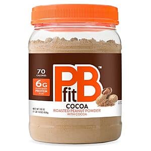 30-ounce jar of PBfit Peanut Butter Powder in Cocoa flavor with brown powder visible inside.