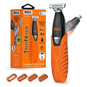 Wahl TrimNinja 2 in 1 hybrid electric shaver and ear nose trimmer, black and silver design, compact men's grooming device.
