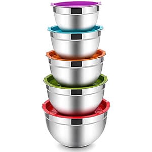 5-Piece Vesteel Stainless Steel Mixing Bowl Set w/ Lids (Various Colors) $17