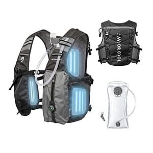 Savior Cool cooling hydration running vest in various colors with attached 2L water bladder and three removable cooling packs.