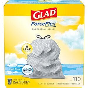 110-Count 13-Gallon Glad ForceFlex Tall Kitchen Drawstring Trash Bags $17.58 + $15 Amazon Credit w/ S&S + Free Shipping w/ Prime or on $35+ orders