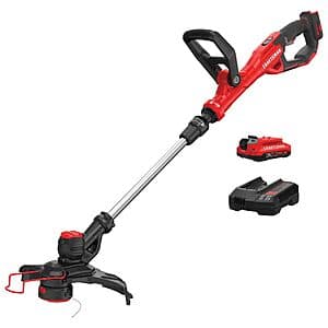 CRAFTSMAN V20 cordless string trimmer and edger in black and yellow, displayed with 2.0 Ah battery and charger.