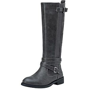 Vepose women's knee-high block heel riding boots with side zipper in neutral tone with visible heel block and zipper detail.