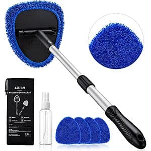 AstroAI 7-piece windshield cleaner kit with 26-inch telescoping pole and four microfiber cleaning pads in retail packaging.