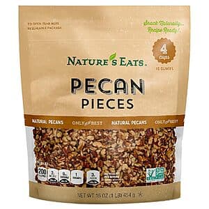 16-ounce package of Nature's Eats Pecan Pieces with clear packaging showing shelled pecan halves inside.
