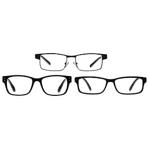 Three pairs of men's reading glasses in Oliver, Birch, and Frazier styles with +1.25 magnification.
