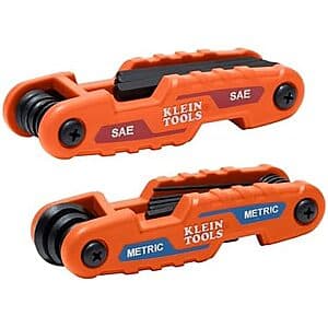 Klein Tools 70542 folding hex key set with 17 metric and SAE hex keys in a compact 2-piece design.