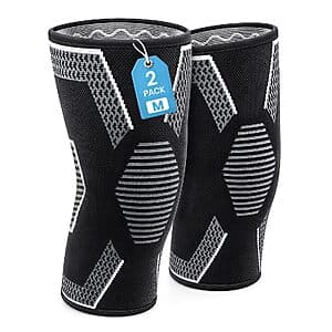 BSRGMS 2-pack knee compression sleeves in black, beige, and grey fabric with supportive elastic construction.