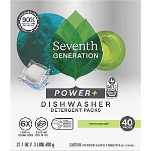 Box of Seventh Generation Power Plus Fresh Citrus Dishwasher Detergent Packs with 40 individual pods, featuring green and white packaging with citrus branding.