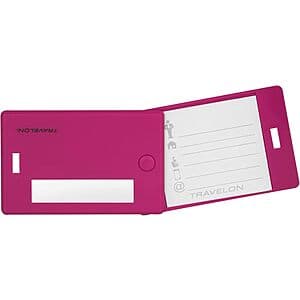 Travelon 2-pack luggage tags in berry color for identifying luggage while traveling.