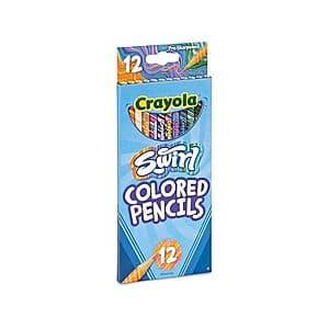 Crayola Swirl 12-count colored pencil set with pre-sharpened pencils featuring multicolored swirled effects in each pencil.