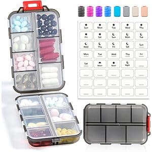 14 GRIDS Travel Pill Organizer Box with Labels: 3-Pack $6.98, 1-Pack $5