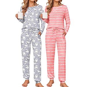 2-Pk Women's Ekouaer Long Sleeves Pajama Lounge Set w/ Jogger Pants (Various) $20