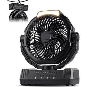 KopBeau rechargeable camping fan with 20000mAh battery capacity and integrated LED light in dark grey plastic housing.