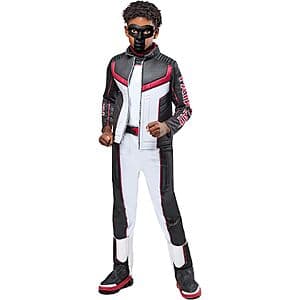 Rubies Mr. Terrific costume jumpsuit for boys featuring an attached faux jacket and mask, displayed flat or on a form showing the complete outfit in primary blue and red colors.