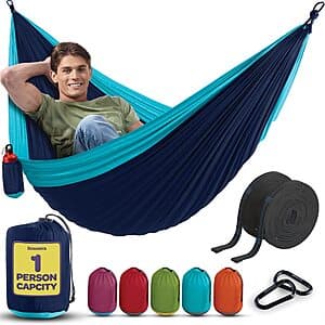 Durable Hammock 400 lb Capacity, Lightweight Nylon Camping Hammock Chair w/Tree Straps (Navy/Medium) $8.99 + Free Shipping w/ Prime or on $35+