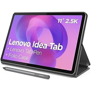 Lenovo IdeaTab 11-inch tablet with 2.5K touchscreen display shown with included stylus pen in silver finish.