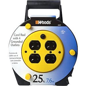 $14.96: Woods 4907 Extension Cord Reel with 4-Outlets 16/3 SJTW and 12A Circuit Breaker, 25-Foot at Amazon