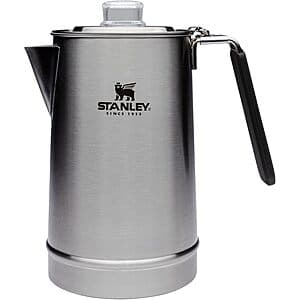 STANLEY stainless steel stovetop coffee percolator with 1.1-quart capacity, featuring a reusable stainless-steel filter basket.