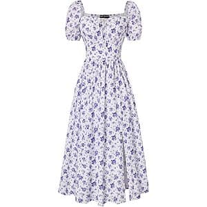 Scarlet Darkness women's midi dress featuring a square neckline and corset bodice in purple with ditsy floral print.