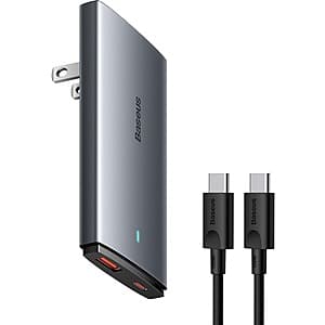 Baseus 2-Port up to 65W USB-C GaN Flat Wall Charger w/ 3.3' USB-C Cable $18 + Free Shipping