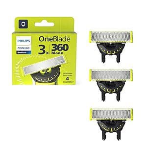 Pack of Philips Norelco OneBlade 360 replacement blades with branded packaging.