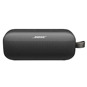 Bose SoundLink Flex Bluetooth speaker in black or blue with waterproof design, featuring high-fidelity audio and portable form factor.