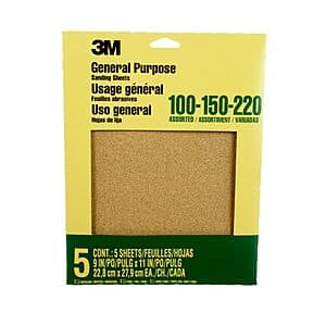5-Sheet 3M Multi-Purpose Abrasive Aluminum Oxide Sandpaper (Assorted Grit, 9x11") $2.70