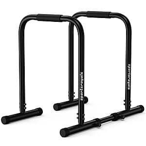 Sportsroyals adjustable dip bar station with black metal frame, parallel bars, and parallette attachment rated for 400LB capacity.