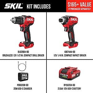 Skil 12V Brushless Drill + Impact Tool w/ Battery/Charger Kit + Select Skil Tool $70 + Free S/H